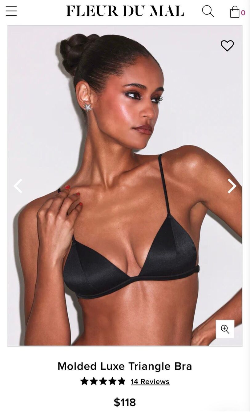 Fleur du mal molded luxe black satin triangle Bra size small 28” band NWOT